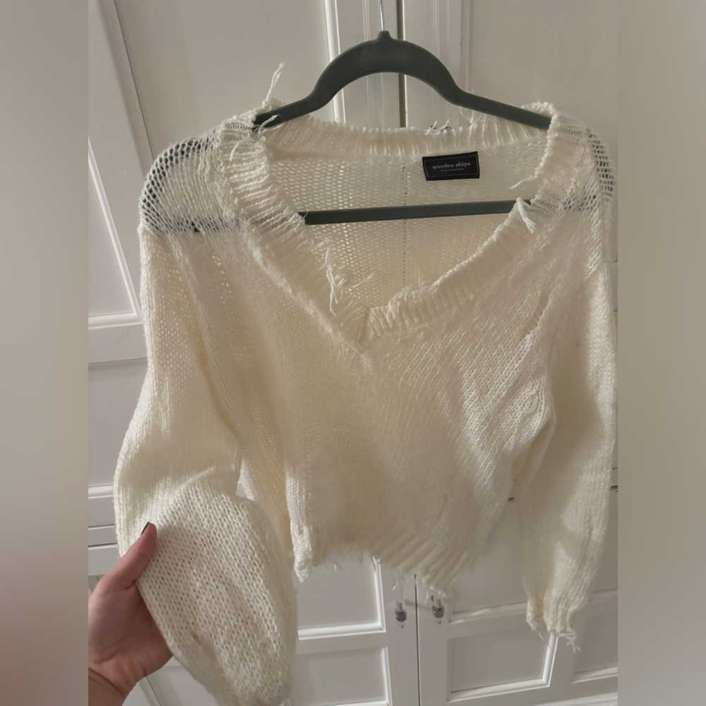 White frayed Wooden Ships sweater, size XS